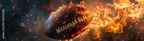 An American football ablaze, its flames illuminating the darkness as it hurtles through the air, capturing the intensity and passion of the game
