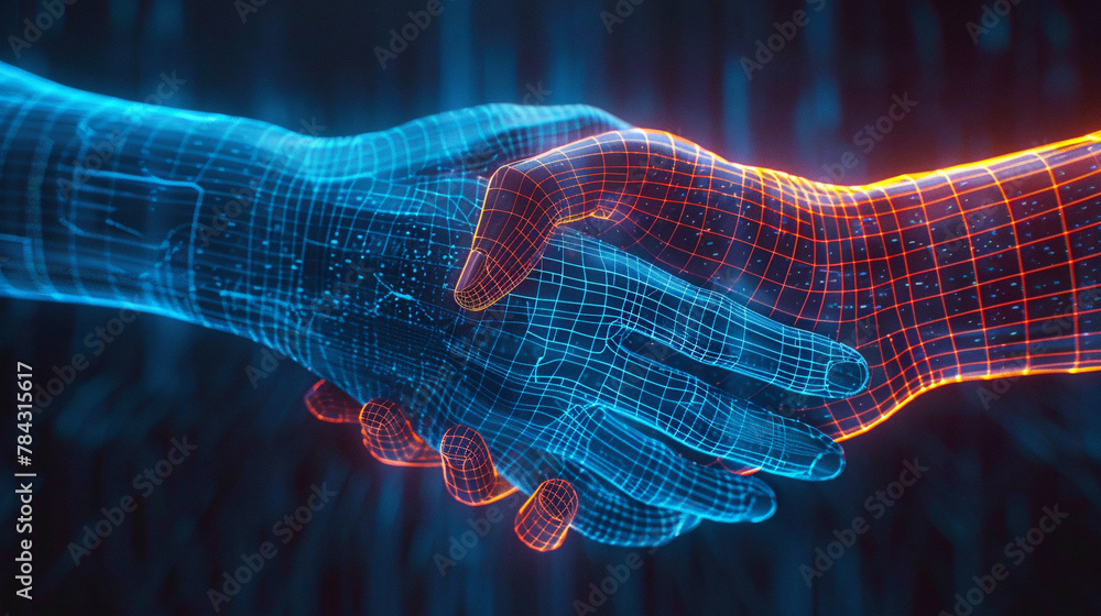 Digital handshake. Concept of mutual assistance and respect within networks. - obrazy, fototapety, plakaty 