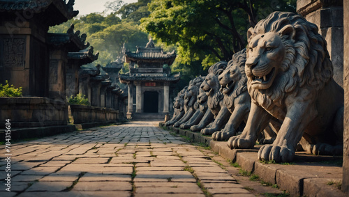 Avenue of Stone Lions Leading to a Temple photo