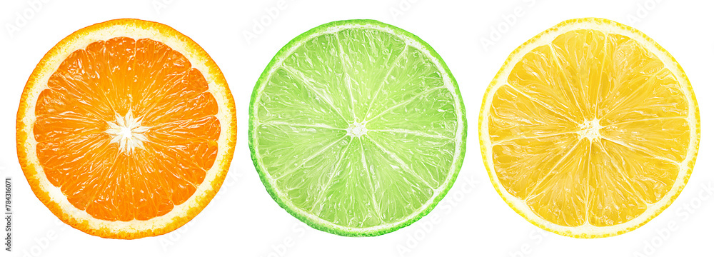 round slice of orange, lime and lemon on white isolated background round slice of orange, lime and lemon on white isolated background