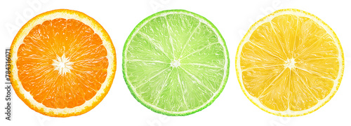 round slice of orange, lime and lemon on white isolated background