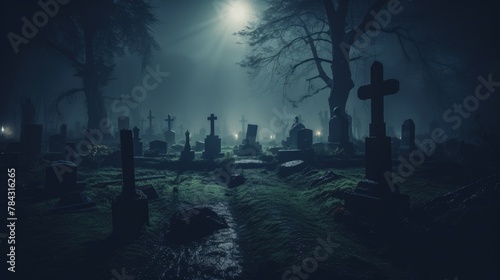 Cemetery with a darksynth vibe, the scene capturing the eerie and atmospheric nature of the graveyard under lights