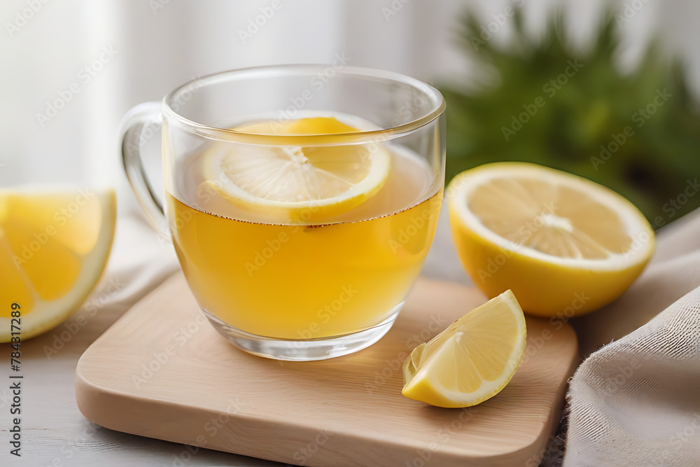 One glass cup with fresh lemon and ginger tea on kitchen table with ginger root, herbs and kitchen utensils at window background. Healthy homemade tea with vitamin c in wintertime. Front view, tray
