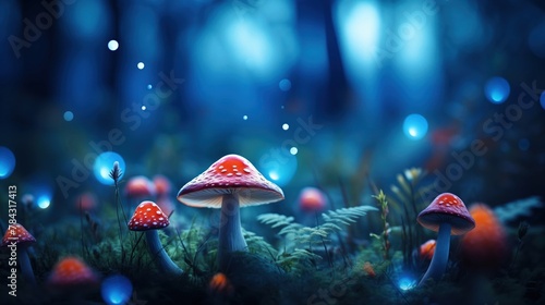 Neon mushroom glade, bokeh lights, serene blue