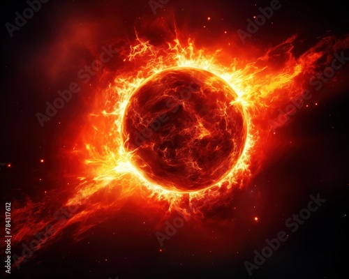 Solar flare igniting planets edge, vivid warm hues, macro lens