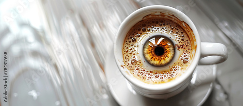 Hot coffee espresso with eye on light background. Copy space. Top view photo