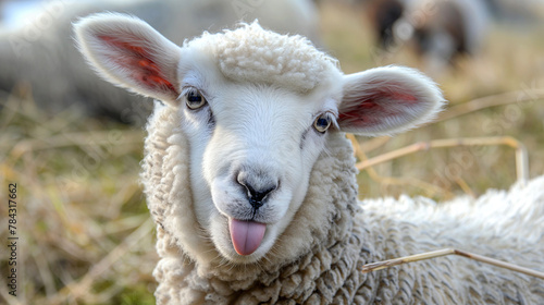 Funny sheep sticking its tongue out