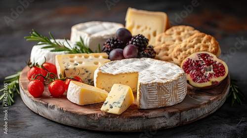 Plate of assorted cheeses with rosemary, tomato, pomegranate on wooden background