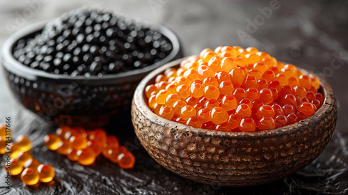 Red and black caviar in two bowls on a dark background