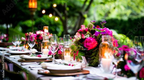An intimate summer dinner setting under the stars, with elegant fuchsia accents complementing the sophisticated culinary experience.