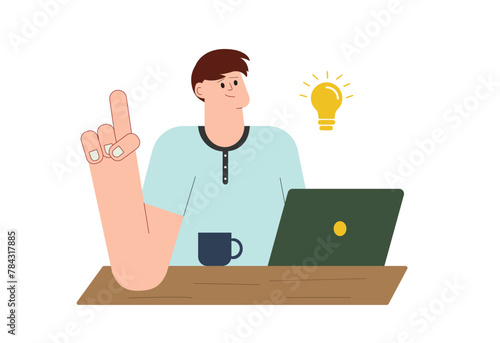 Boy in meeting discussing idea with client. Attending online seminar questioning, video conference, coder in discussion with client with mug and laptop in front of him. Vector illustration. Office con