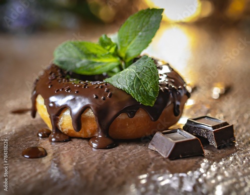 chocolate donut and mint leaves