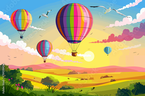 Colorful hot air balloons floating over scenic countryside at sunrise, freedom concept