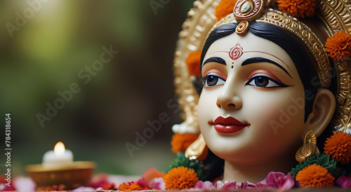 Indian Hindu Goddess Sheetla Mata at divine environment. sheetla Puja, divine Theme, closeup, blur