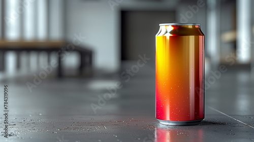 A can of beer with a red and yellow stripe on it. The can is sitting on a counter in a kitchen. design for an energy drink can, 5oz size, metal cylander, modern, silver with mimimal color design