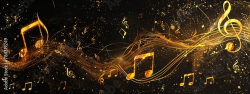 Abstract gold musical notes on the dark black background