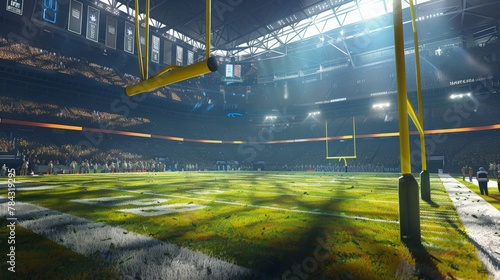 Capture the essence of American football in an arena where the yellow goal post marks the battlefield on a pristine grass field, surrounded by a sea of fans