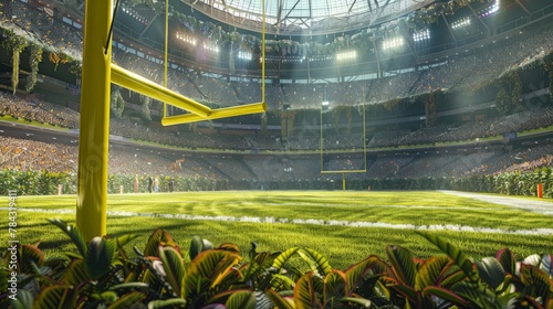 Depict an iconic American football arena scene: a yellow goal post anchors the end zone of a lush field, while fans merge into a vibrant backdrop, setting the stage for a memorable showdown.