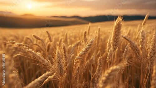 {A photorealistic image capturing a close-up view of a golden wheat field at sunset. The scene should emphasize the intricate details of the wheat stalks, showcasing the natural beauty of the rural la