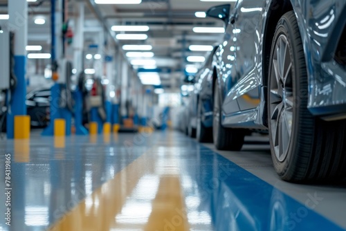 A modern car service center with high-end cars and the latest car servicing equipment. A luxury car receives expert assistance from a high-tech service center, which demonstrates the precision and © Georgii