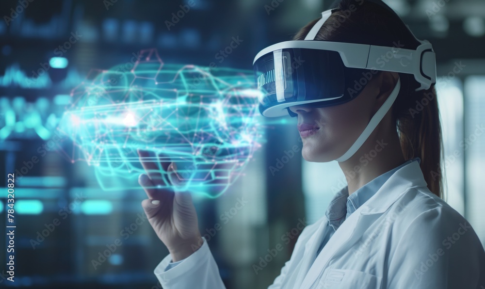 Young female doctor studying at intern practice using futuristic VR technology glasses with medical digital overlay in front of her. Young female doctor studying at intern practice using futuristic VR technology glasses with medical digital overlay in front of her.