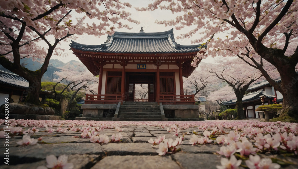 Cherry Blossoms Adorning a Temple Courtyard