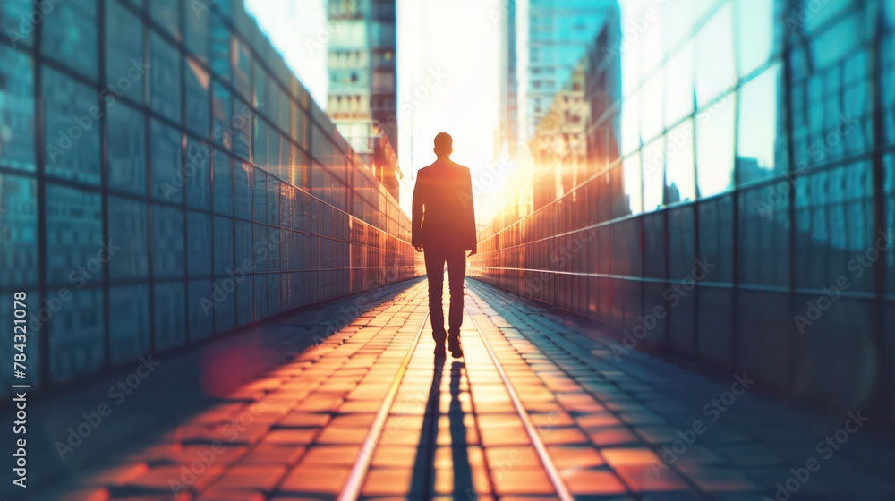Fototapeta premium Walking into Sunset in Urban Corridor