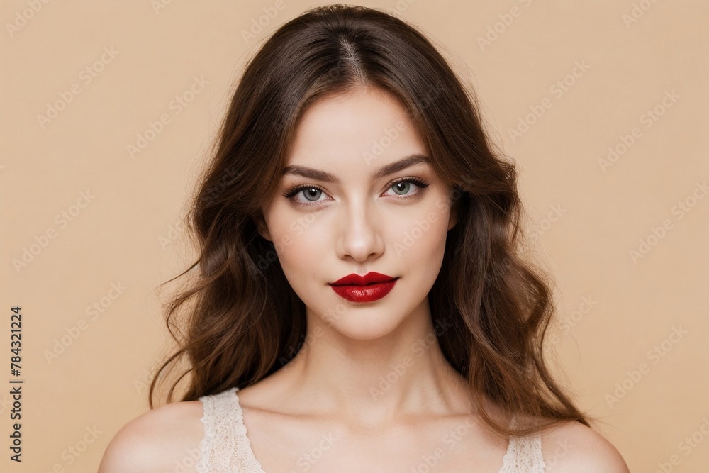 Beautiful and elegant model with red lipstick posing on a bright beige background with copy space. Cosmetic concept. Beautiful and elegant model with red lipstick posing on a bright beige background with copy space. Cosmetic concept.