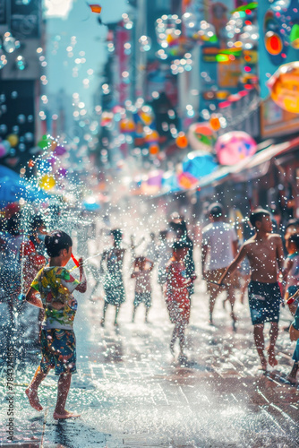 Thai people and tourist playing water and having fun at Songkran festival, Water festival, The tradition Thai new year