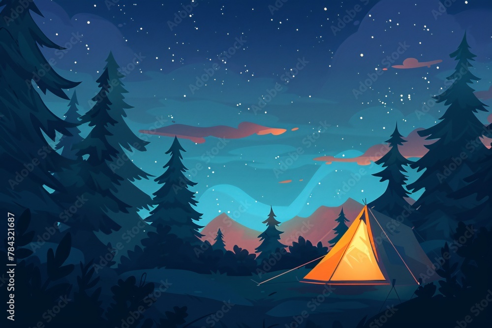 A tent is set up in a dark forest at night, under a starry sky A tent is set up in a dark forest at night, under a starry sky