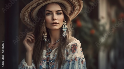 Portrait of a beautiful young woman in boho style clothes.