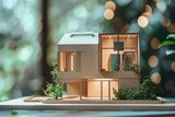 maquette de maison en carton avec petites lumières et végétation, illustration habitation, ia générative
