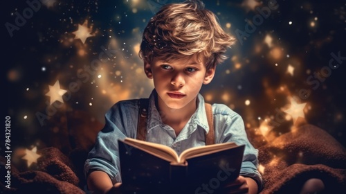 Cute little boy reading book at night.