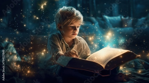 Cute little boy reading book at night.