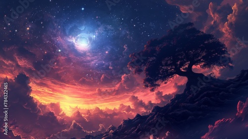 Mystical Cosmic Landscape with Lone Tree