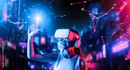Female stand in cyberpunk style building in meta wear VR headset connecting metaverse  future cyberspace community technology  Woman using index finger touch virtual object while smile. Hallucination.
