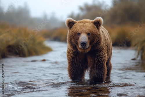 large brown grizzly bear catch fish in forest river in nature © alexkoral