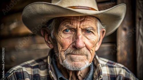 Old man with cowboy hat, portrait old cowboy with expressive look