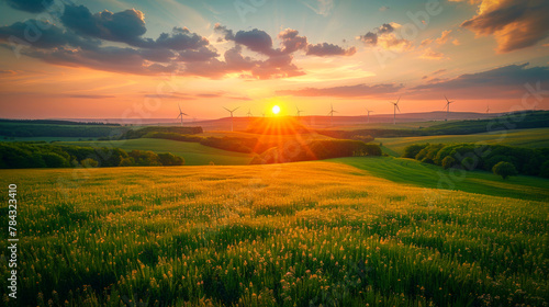 Green energies: wind turbines in the sunset photo