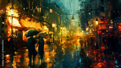 Rain-soaked streets of a city at night, glowing under the amber hues of street lamps, with people hurrying under umbrellas.