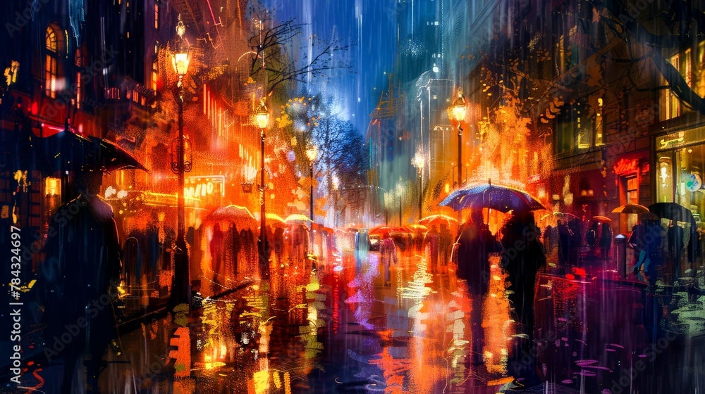 Rain-soaked streets of a city at night, glowing under the amber hues of street lamps, with people hurrying under umbrellas.