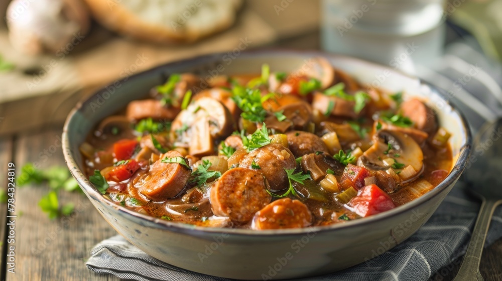Gumbo puree soup with turkey sausage and mushrooms. Gumbo puree soup with turkey sausage and mushrooms.