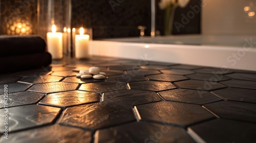 Warm candlelight illuminating black hexagonal bathroom tiles.