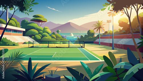 Large tennis court close-up, minimalistic photo of the training ground.Tennis court close-up: minimalism in bright colors.Tennis practice court: digital photography.The bright lines of the tennis