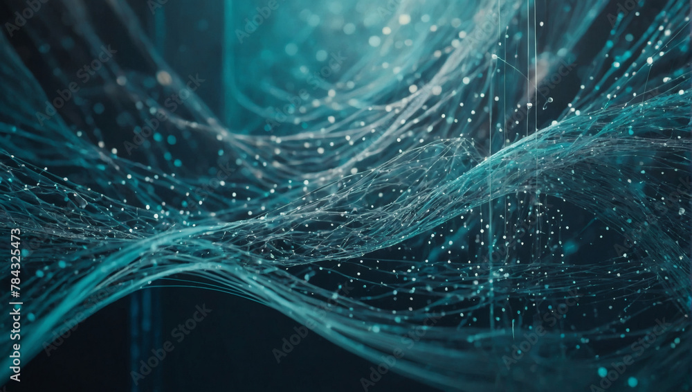 Cyan abstract backdrop with an ethereal arrangement of dots and weaving lines, invoking a sense of fluid connectivity. - obrazy, fototapety, plakaty 