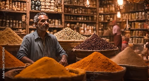 Seller in a spice shop in an Arab bazaar. photo