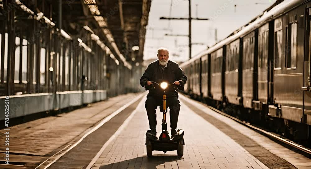 Senior man on an electric scooter for the disabled in the train station. Senior man on an electric scooter for the disabled in the train station.