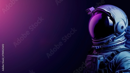 Astronaut figure in space suit in surrounded by glowing neon lights. Science fiction scene.