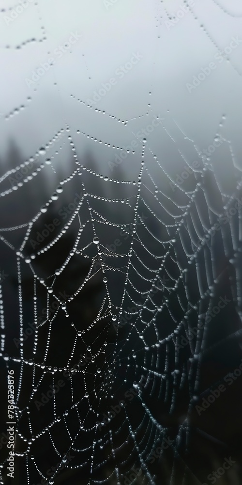 Fototapeta premium Dew drops on spider web, close up, misty mountain backdrop, dawn light 