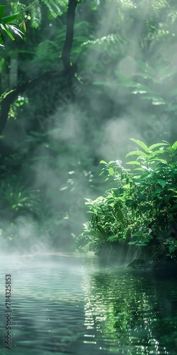 Thermal spring near volcano, close up, steaming water, lush green contrast 